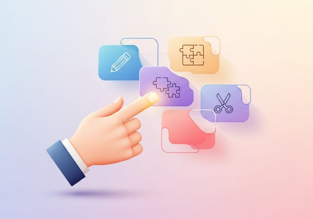 A professional selecting from various icons representing different types of learning activities in schools.