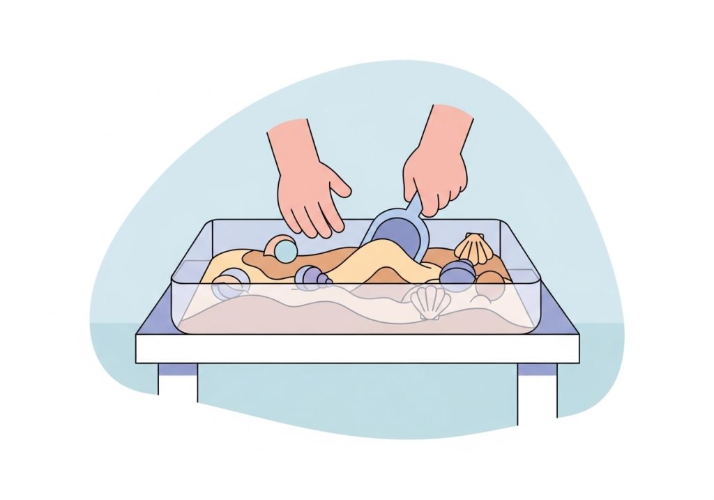 Illustration of a therapeutic beach-themed sensory bin, a calming end of year activity for students.