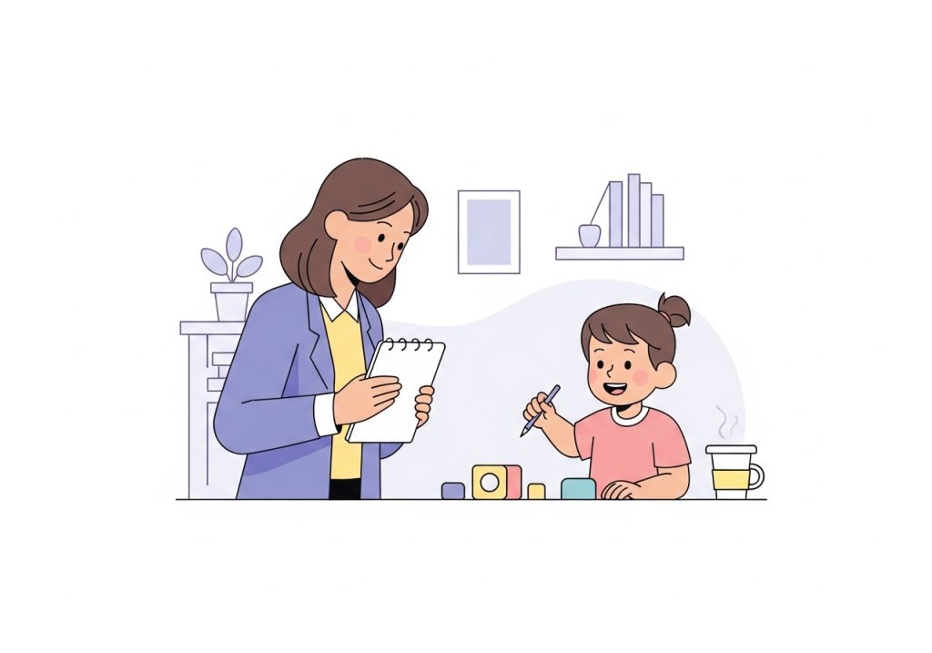 An illustration showing a professional preparing for observation by watching a child play in a natural setting.