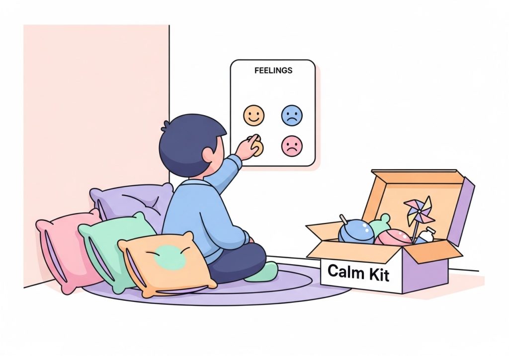 A child using a calm down kit and feelings chart to practice self-regulation skills.