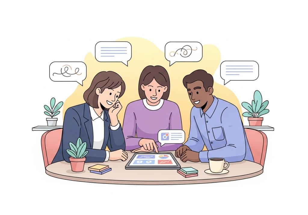 An illustration of a team of professionals and parents collaborating on a support plan using sensory checklist findings.