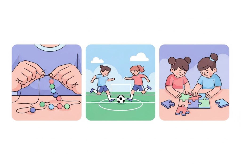 Vector art showing extracurricular activities examples for different skills: threading beads for fine motor, soccer for gross motor, and puzzles for social skills.