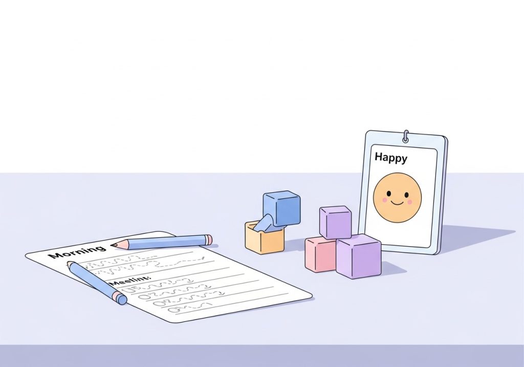 An illustration of various hands-on materials like worksheets and emotion cards used for skill-building morning meeting activities.