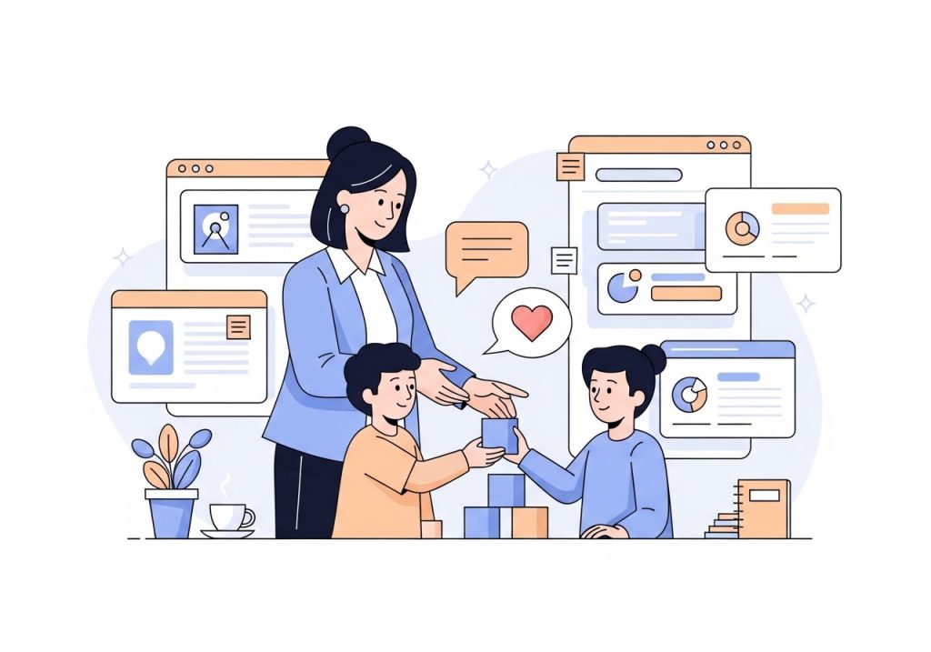 An illustration showing a therapist guiding children as they share blocks, an example of social and communication soft skills.