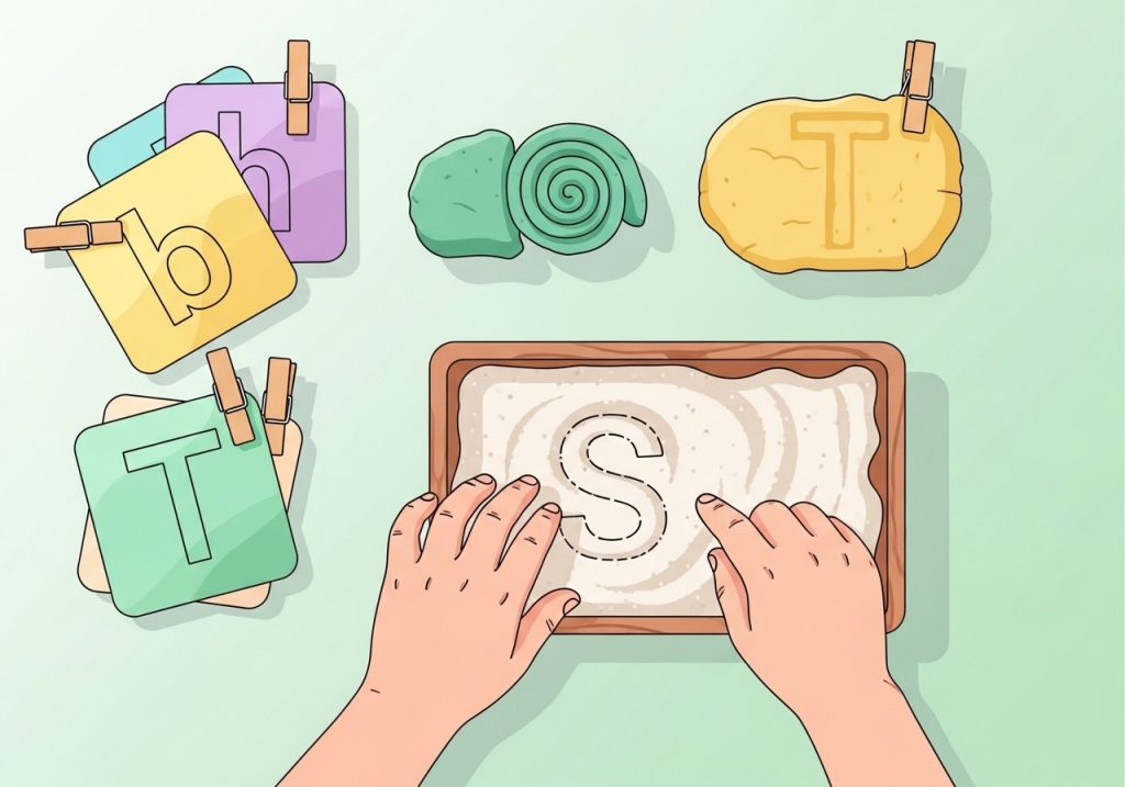 An illustration of tactile letter recognition activities including a sand tray and playdough letters.