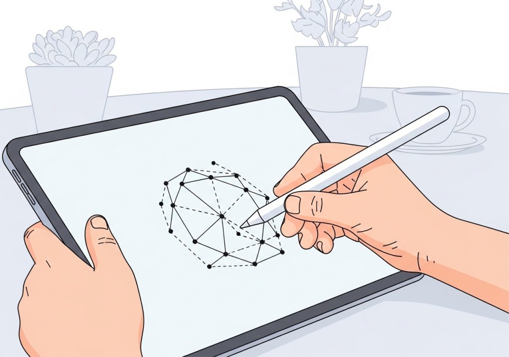 A child practices visual motor skills by tracing shapes on a tablet, a key part of visual motor integration activities.