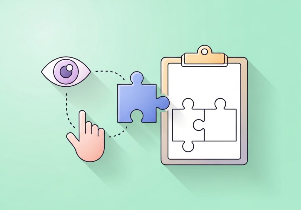 Vector graphic depicting visual motor integration concepts with puzzles and icons