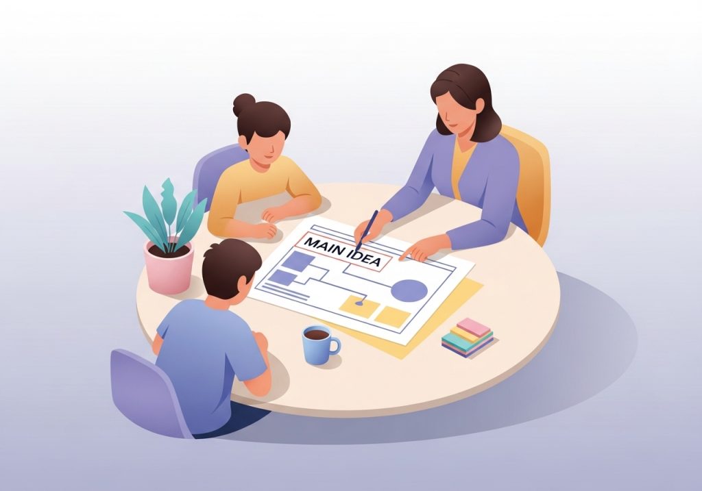 A teacher leads a small group activity using a main idea worksheet to facilitate discussion and learning.