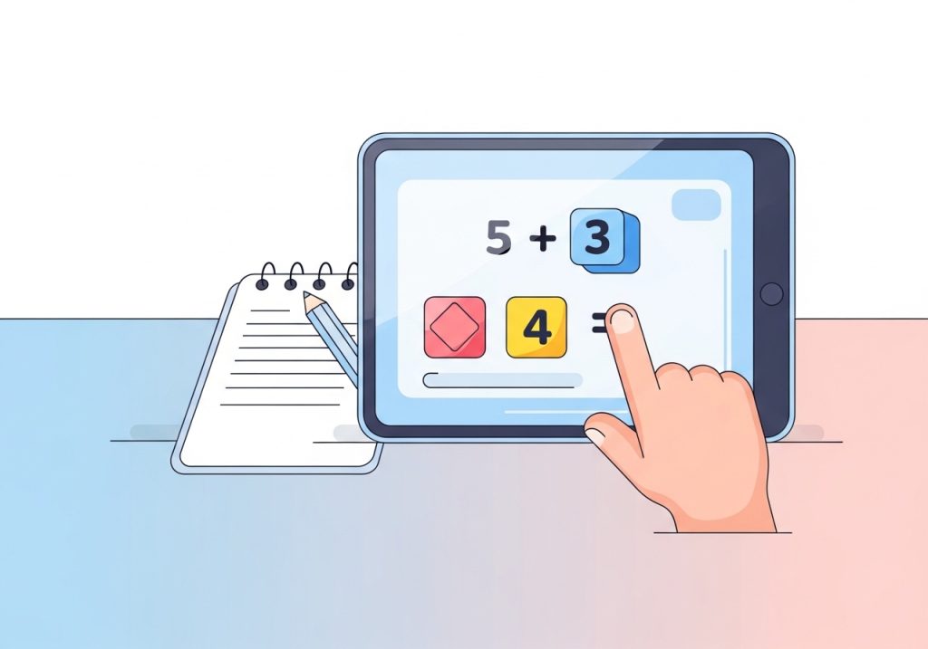 An academic activity for second graders shown on a tablet, combining math practice with a fun interface.