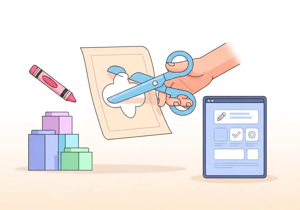 An illustration of hands-on learning tools like worksheets and scissors, symbolizing the adaptation of activities for all learners.
