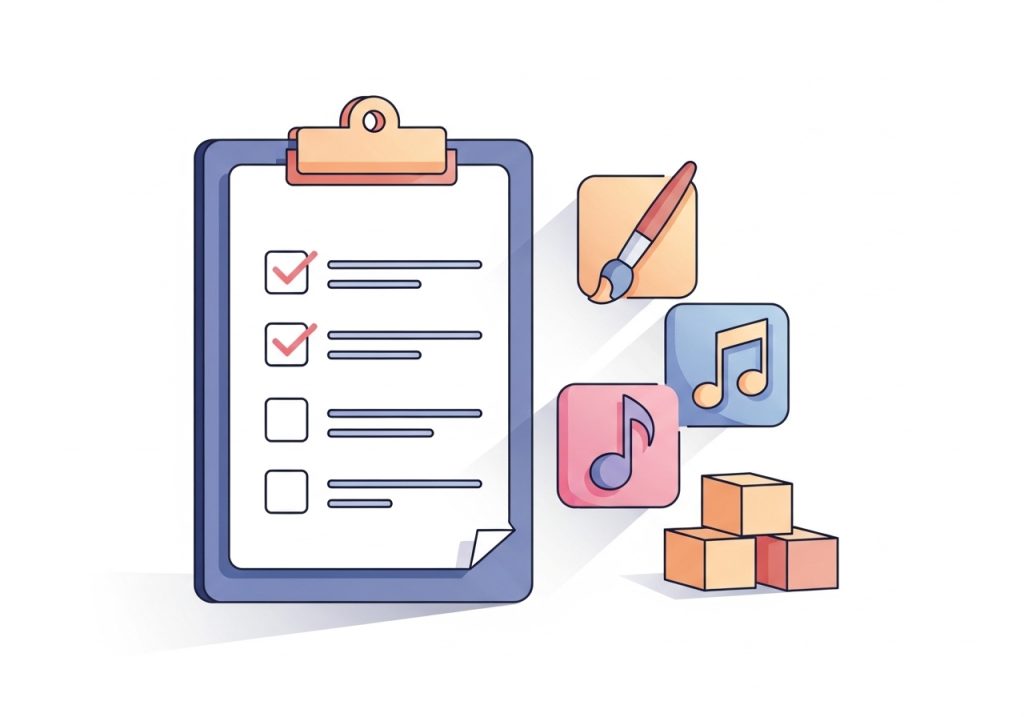 A checklist with icons for strengths like art and music, symbolizing a focus on a child's abilities.