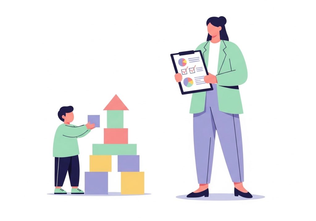 An illustration of a professional observing a child's abilities to assess core skills, holding a clipboard with data.
