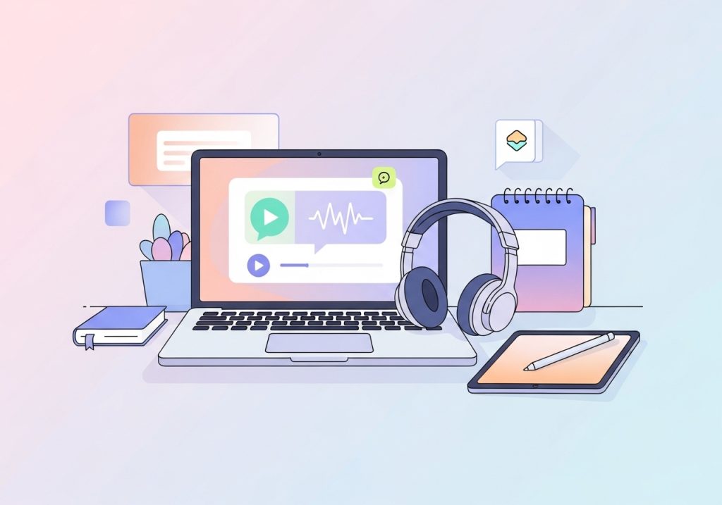 An illustration of assistive technology, including a laptop with text-to-speech software and a tablet, for student learning support.