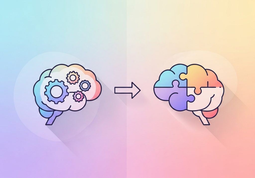 An abstract illustration demonstrating how to balance rote learning with meaningful learning, showing a transition from gears to puzzle pieces.