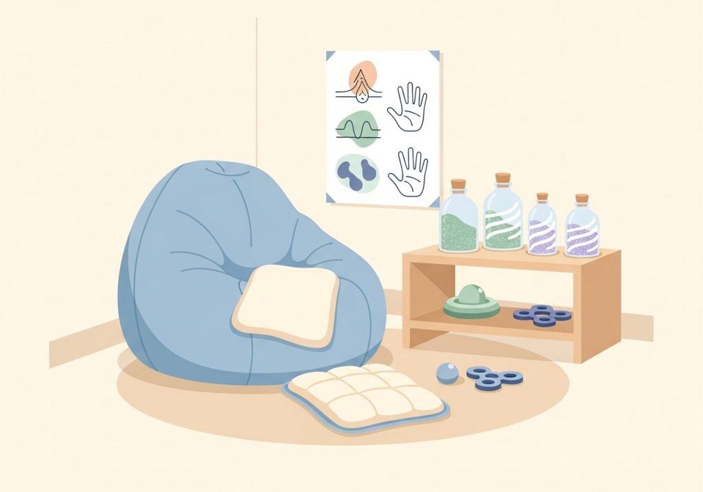 An illustration of a calm-down corner with sensory tools to help with emotional regulation.