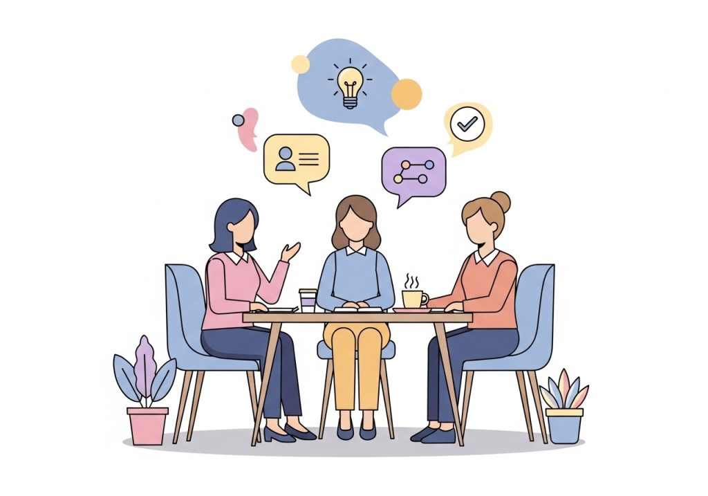 An illustration showing a collaborative team of a parent, teacher, and therapist discussing a student's learning plan.