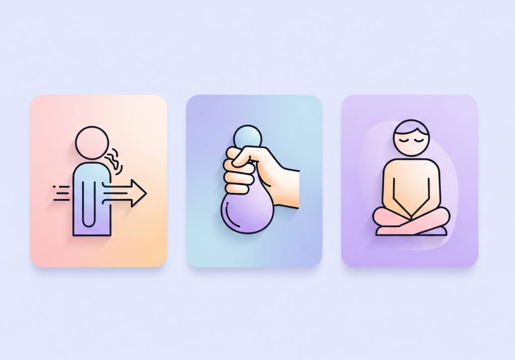 Visual icons representing de-escalation skills like deep breathing and using a stress toy.