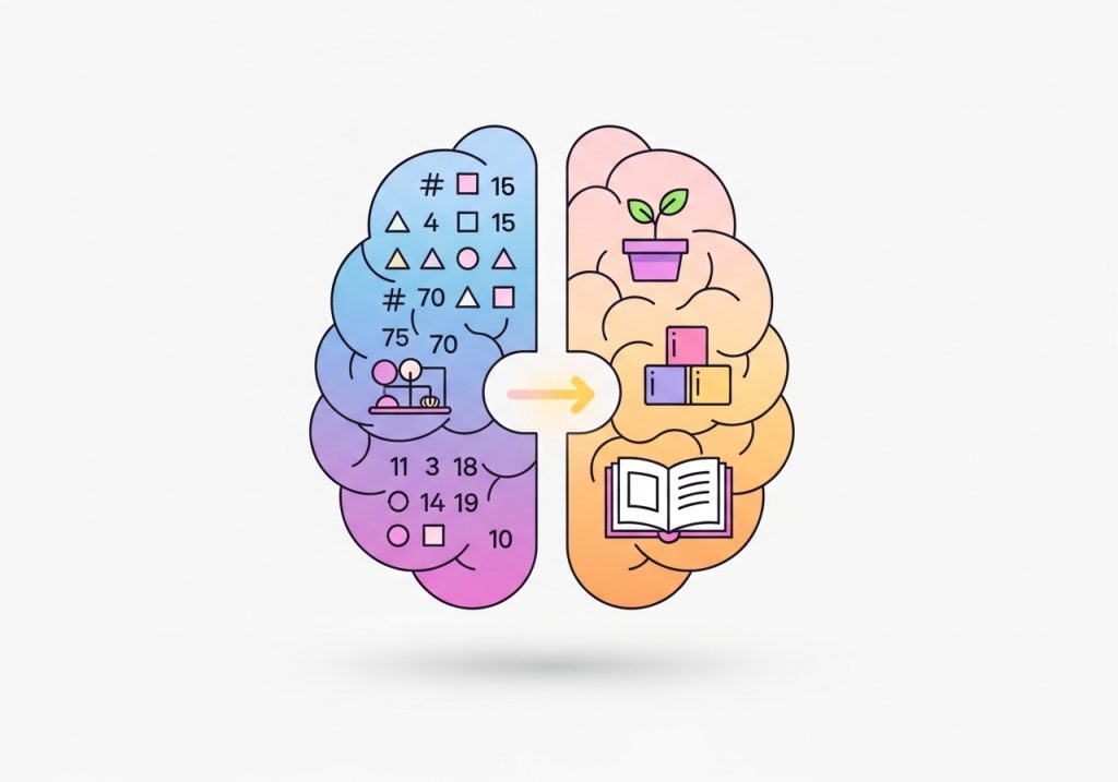 An illustration of a brain connecting memorized facts with real-world context, showing how to combine rote learning with meaningful understanding.