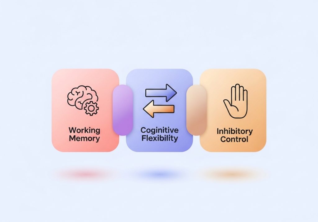 An illustration of the three core executive functions: working memory, cognitive flexibility, and inhibitory control.