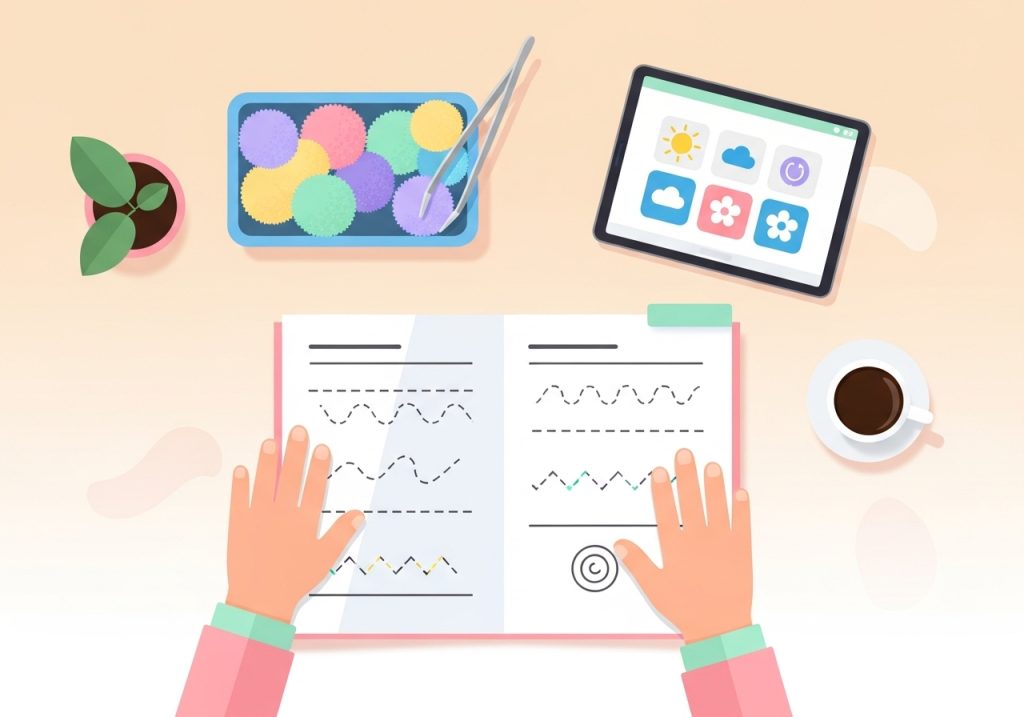 An illustration of various hands-on activities, like worksheets and sensory tools, used for targeting core skills.