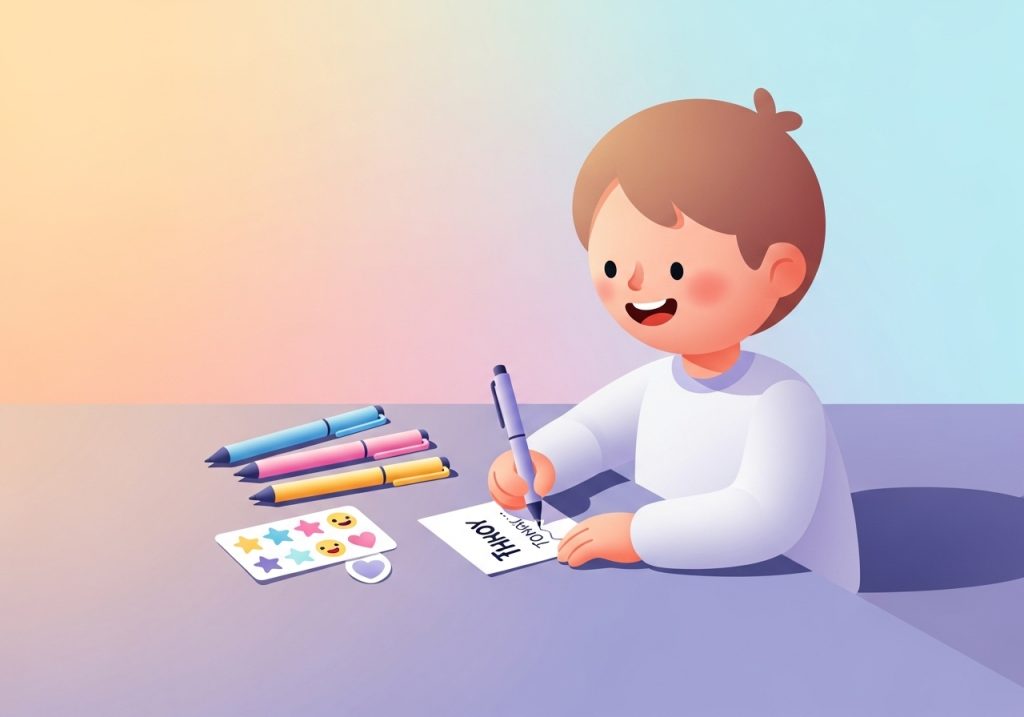 A child happily writing a card, demonstrating an engaging way to practice and improve handwriting skills.