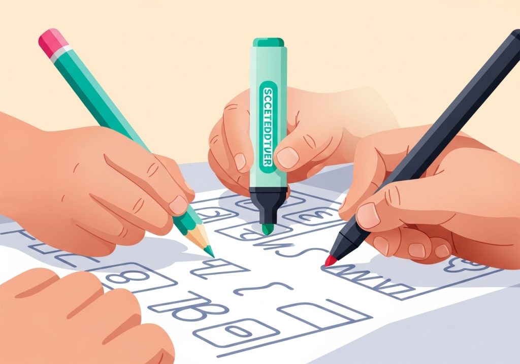 A collection of engaging tools like colorful markers and pencils for making handwriting practice fun.