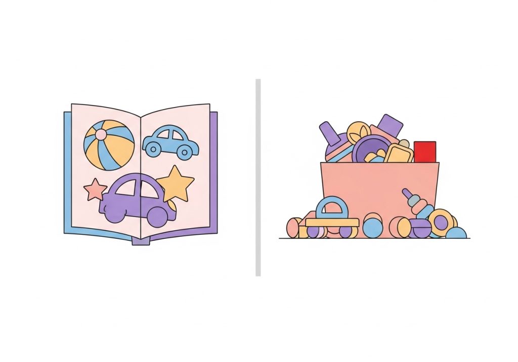 An illustration showing two figure-ground perception examples: an I Spy game and finding a specific toy in a toy box.