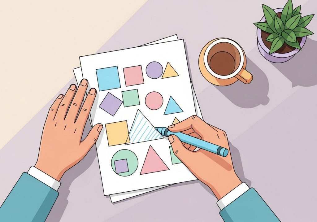A person completing a worksheet with overlapping shapes, which is an effective activity to improve figure-ground perception.