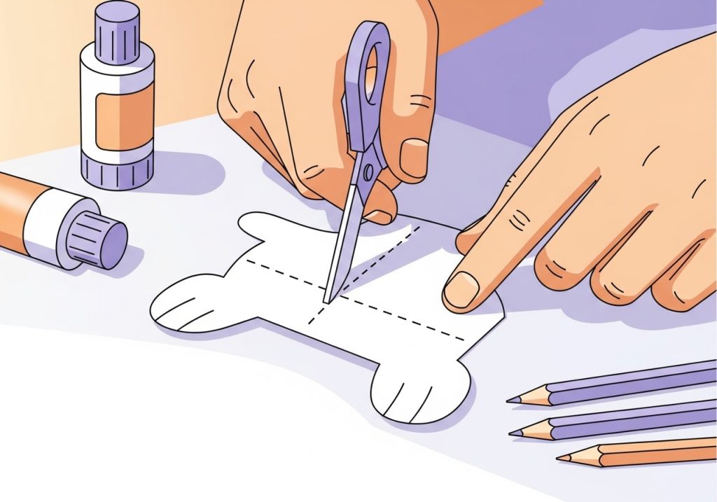 An illustration of a fine motor activity involving cutting with scissors to build skills in second graders.