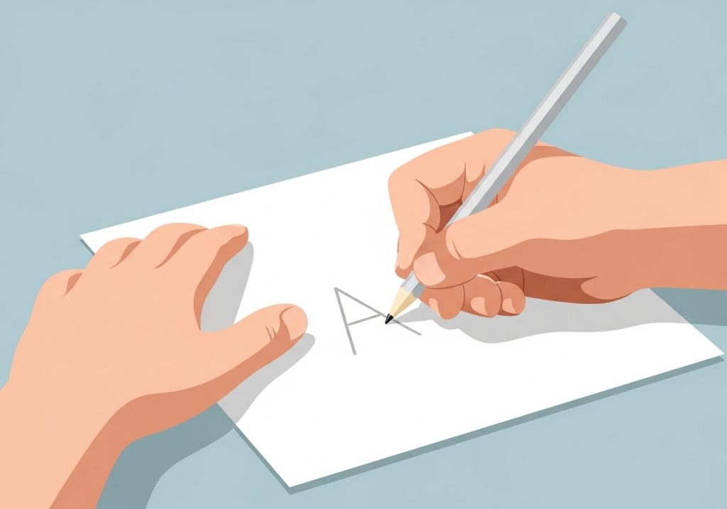 An illustration of the fine motor skill of holding a pencil correctly to write a letter.