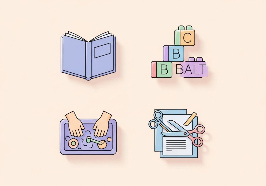 Icons representing different types of foundational SLP activities: reading, building, sensory play, and crafts.