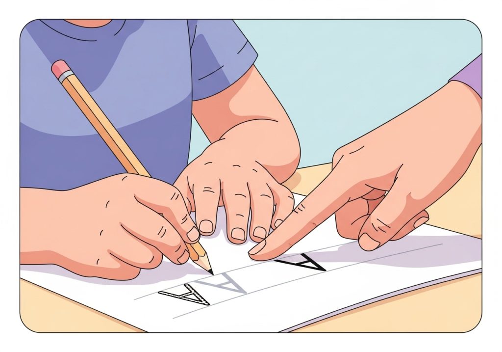 An adult guiding a child through a handwriting practice worksheet with clear instructions.