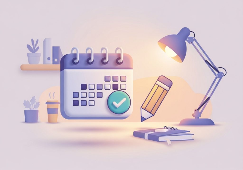 An illustration of a calendar and pencil representing a consistent daily handwriting practice routine.