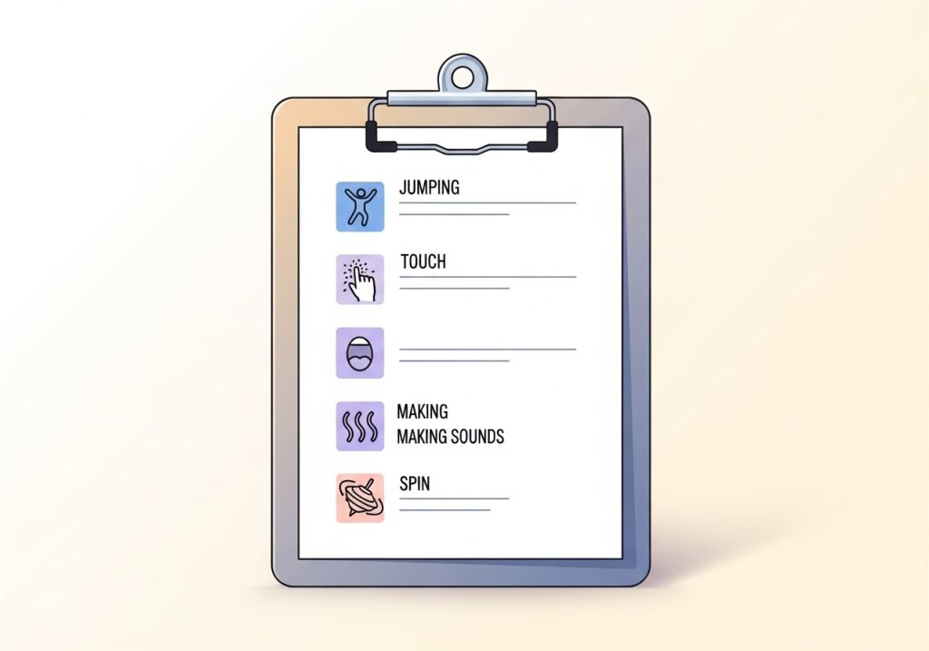 An illustration of a checklist with icons showing common sensory seeking behaviors like jumping and touching textures.
