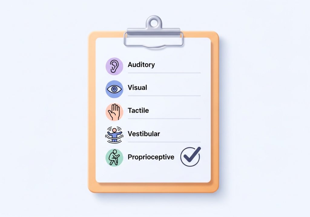An icon checklist representing the observation of different sensory systems related to sensory seeking behaviors.