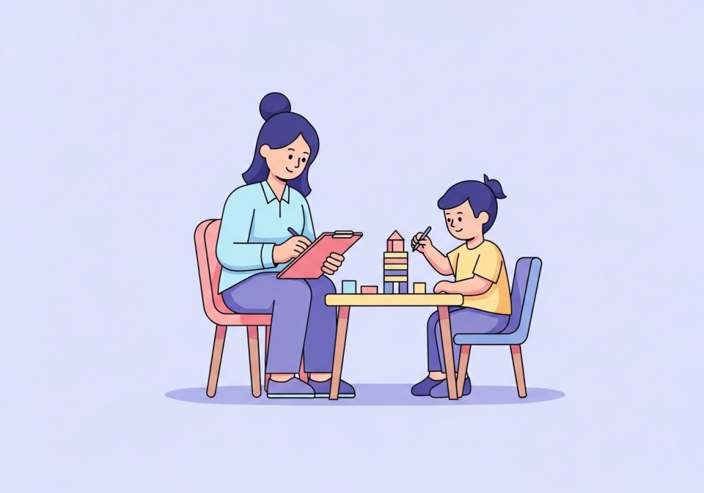 An illustration showing a therapist observing a child's fine motor skills to document present levels of performance for an IEP.