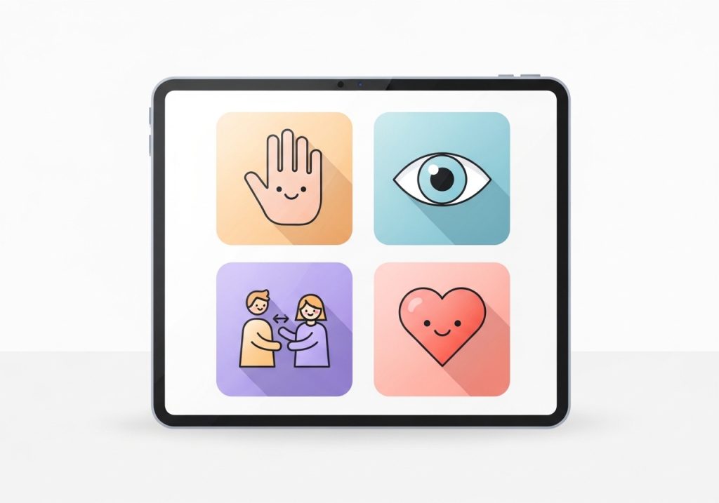 Vector icons representing the core skill domains of a kindergarten readiness assessment, including motor, visual, social, and emotional skills.