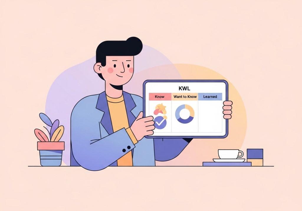 An illustration of a KWL chart on a tablet, a tool used to activate prior knowledge before reading.