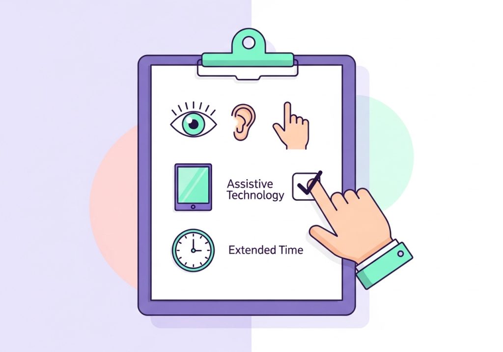 An illustration of a clipboard with a checklist of targeted strategies and accommodations for learning support.