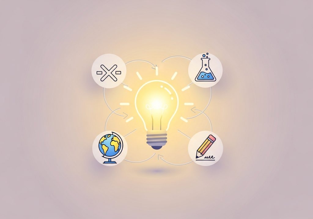 An illustration of interconnected icons for math, science, and writing, showing how to map connections between subjects.