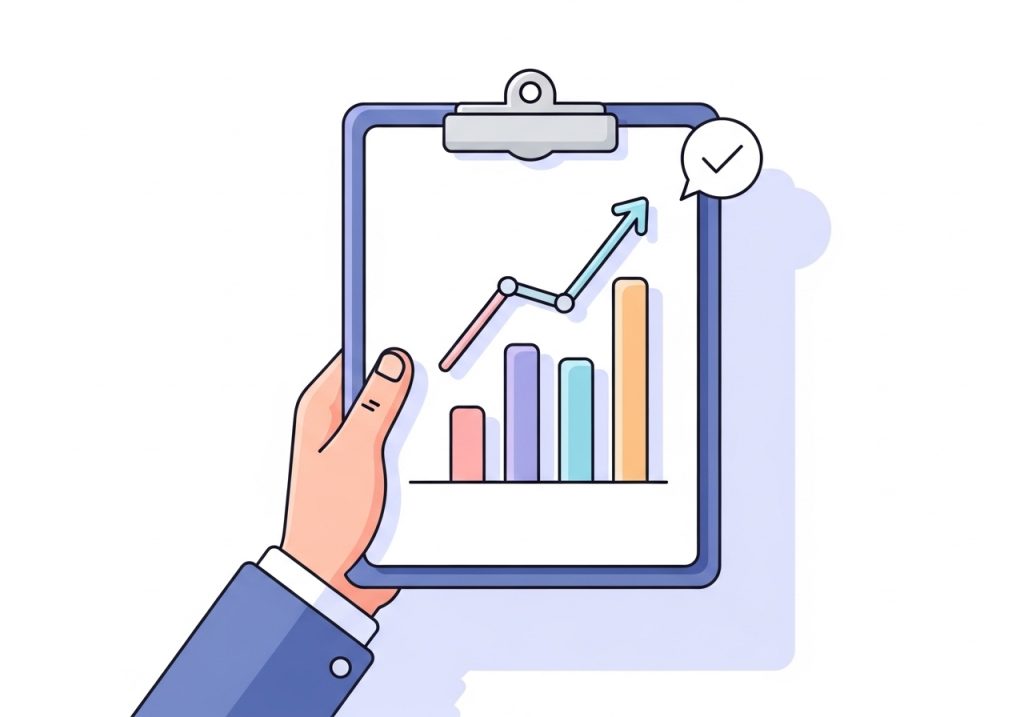 A vector illustration of a clipboard showing a progress chart to represent monitoring student outcomes.