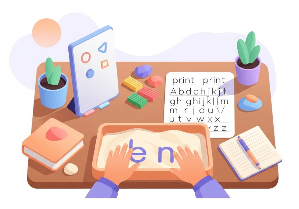 A multi-sensory approach to handwriting practice, combining worksheets with sand trays and clay.