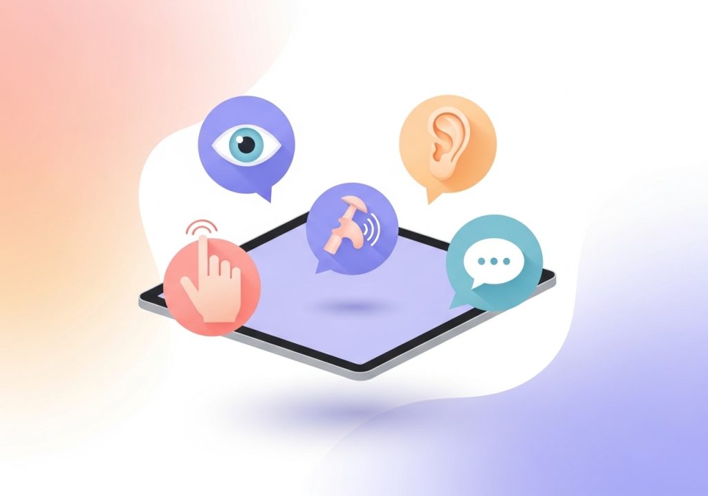 Icons for sight, sound, and touch around a tablet, illustrating multi-sensory learning strategies.