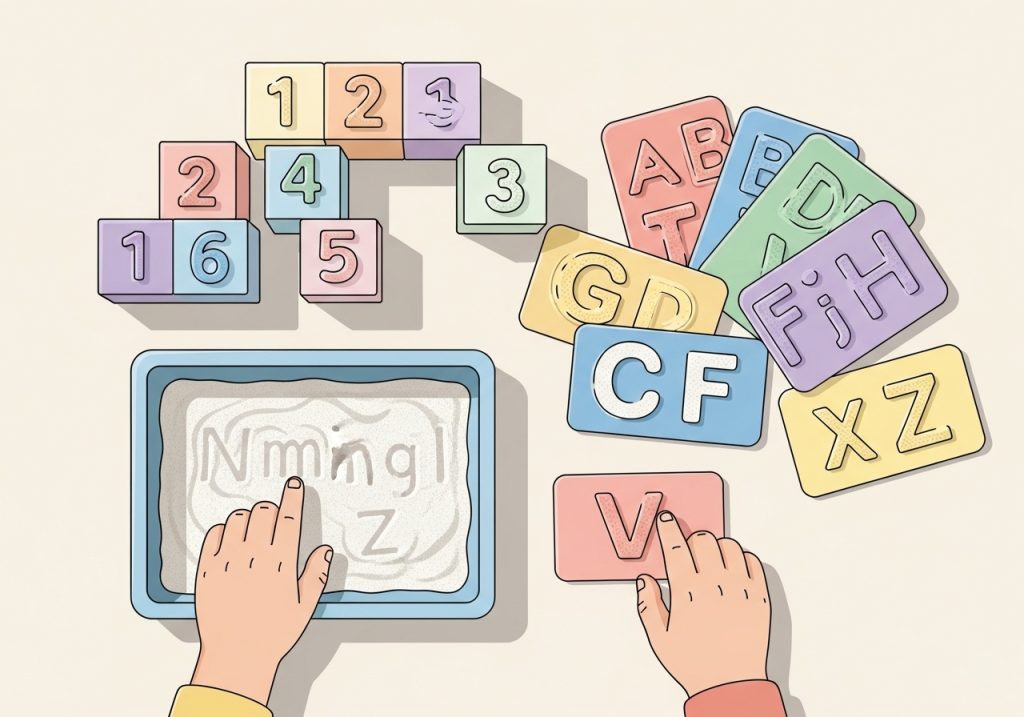 A vector illustration of multi-sensory learning tools, including textured letters and a sand tray, to support students.