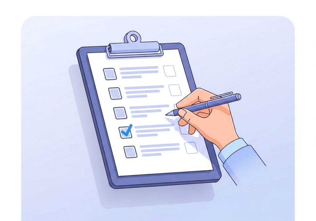 An illustration of a professional using an observational checklist to record notes during a kindergarten readiness assessment.