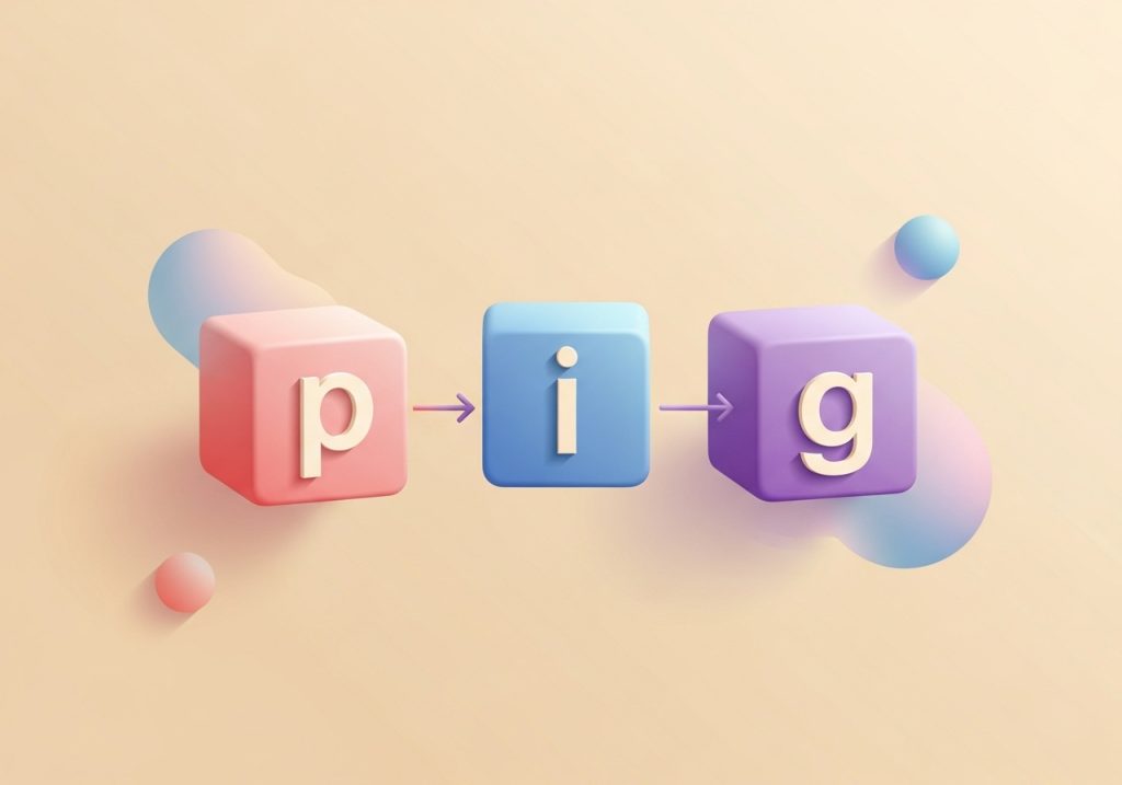 Illustration of letter blocks demonstrating phoneme blending for the word pig, an advanced phonological awareness skill.