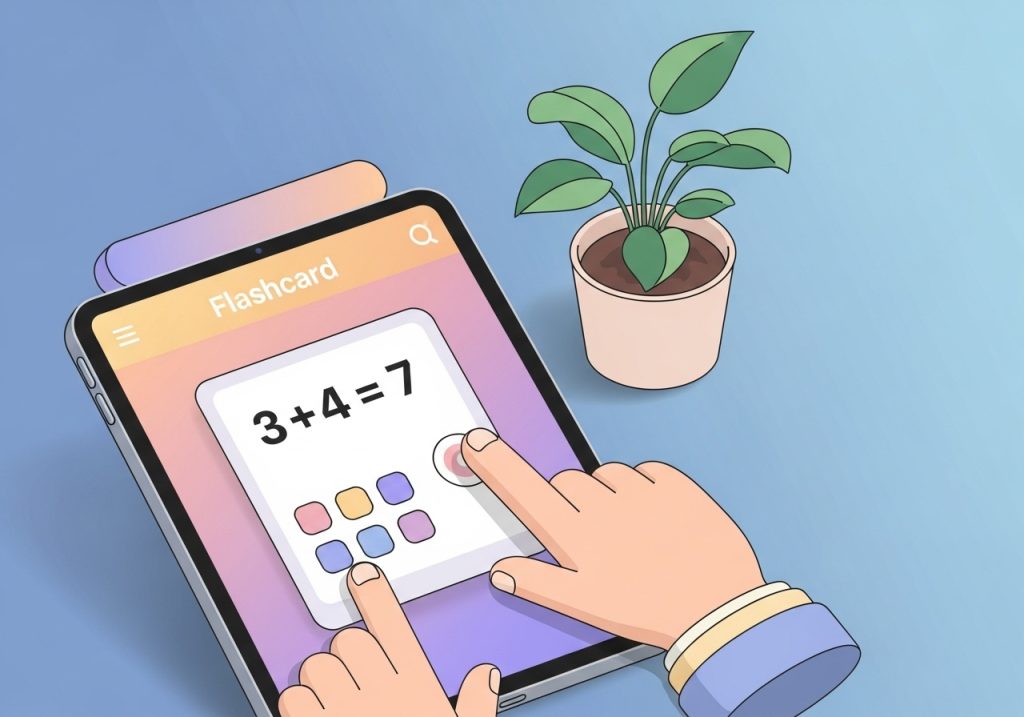 An illustration of a tablet with a math flashcard app, showing an example of rote learning for basic arithmetic.