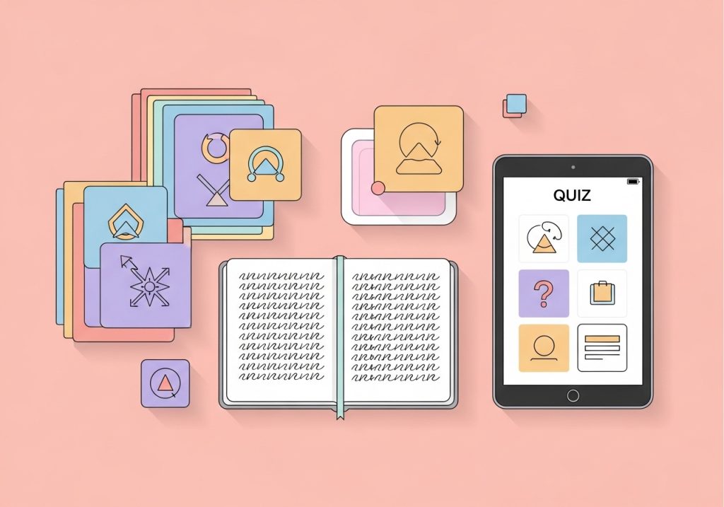 An illustration of rote learning tools like flashcards and practice worksheets, which are effective strategies for memorization.