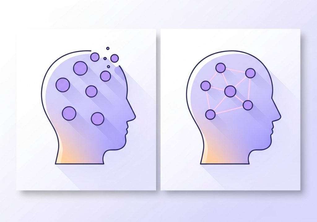 A concept illustration comparing rote learning (disconnected facts) with meaningful learning (connected knowledge).
