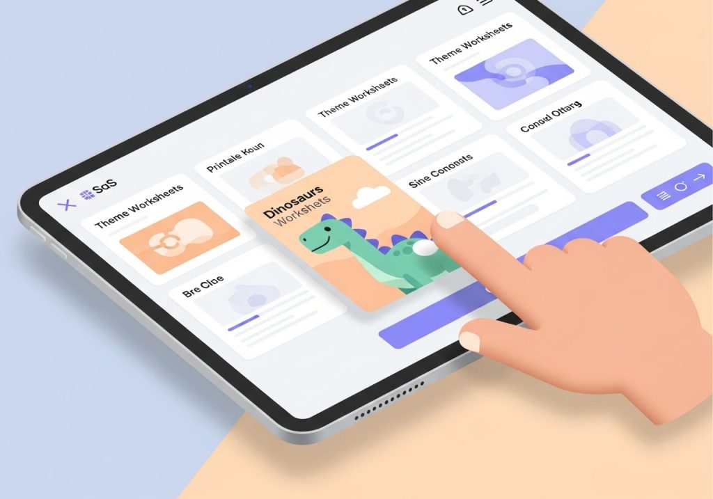 An illustration of a person selecting high-quality theme worksheets on a tablet.